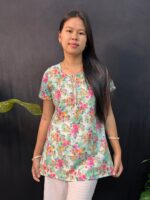 Beautiful Florel Short Kurti  White & Pink - Image 2