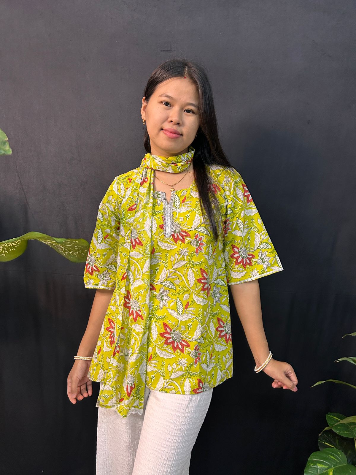 001 (33) Florel Short Kurti Lime Green With Dupatta - Image 1